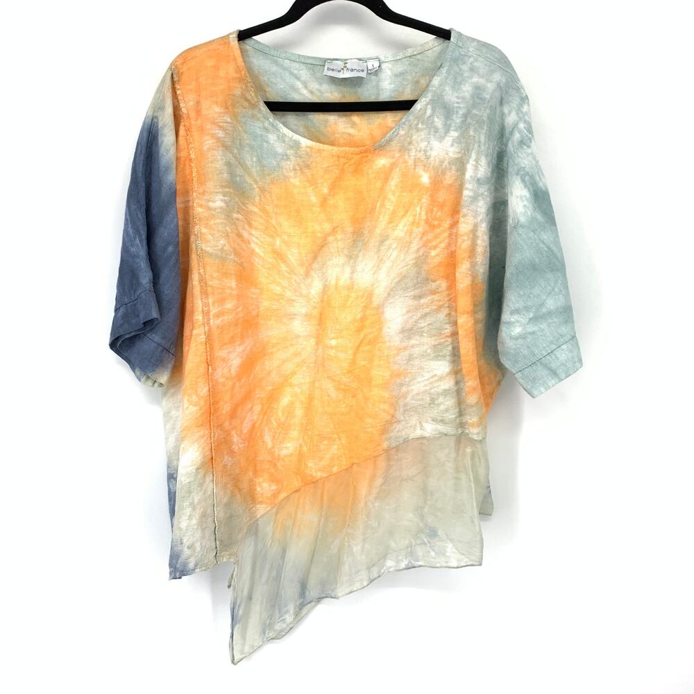 Belle France Asymettric Hem Half Sleeve Linen Silk Top Sz S Orange Blue Tie Dye